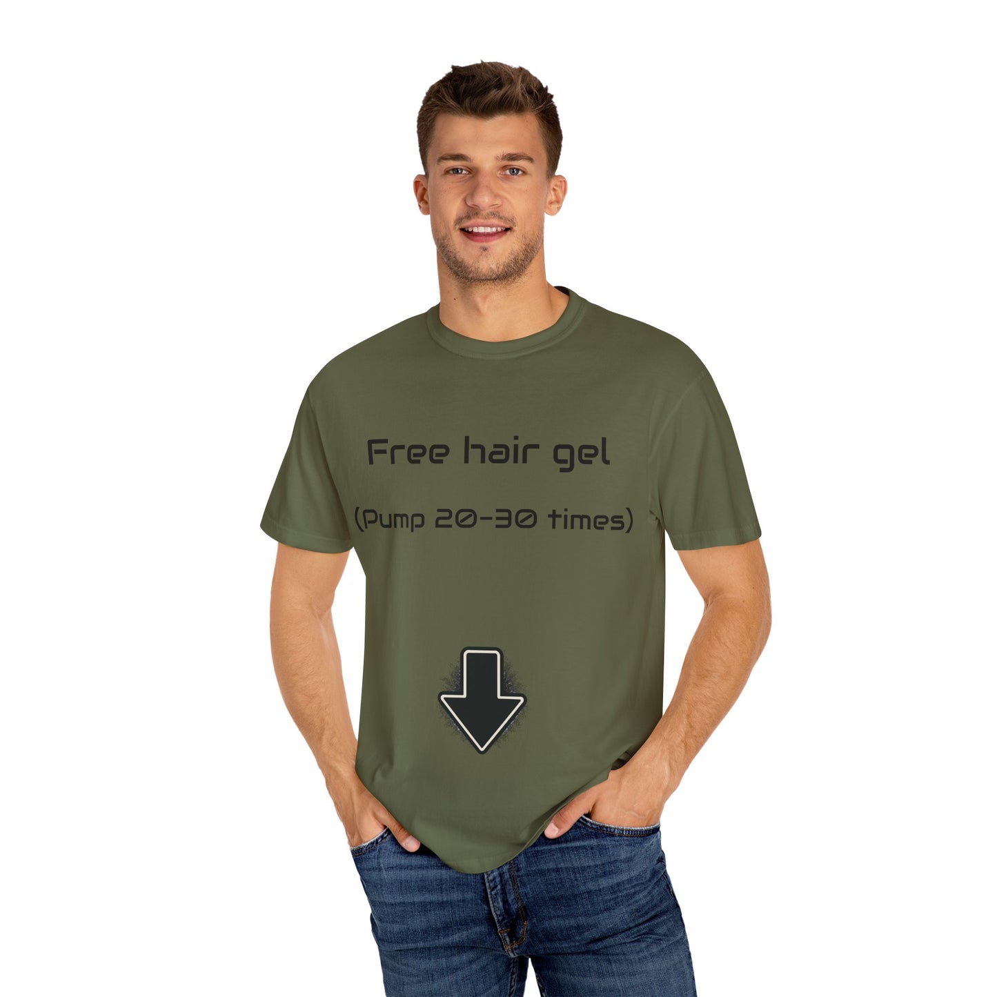 Free Hair Gel T-Shirt ("Pump 20–30 Times") — Funny Novelty Tee with Arrow
